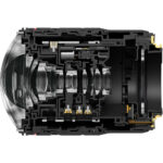 Cross-section of a camera lens showing internal components and lens elements.