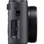 Side view of a compact mirrorless camera with HDMI and USB ports.
