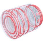 Transparent camera lens with red rings, showcasing internal structure.