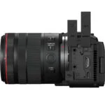 Side view of a professional Canon camera body with various ports and controls.