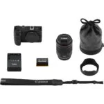 Canon camera kit with body, lens, charger, battery, strap, and pouch.