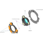 Exploded view of a camera lens stabilization system with labeled components.