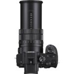 Sony mirrorless camera with telephoto lens on display at a UK camera shop.