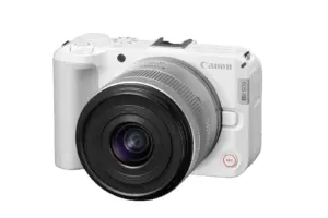 White Canon mirrorless camera with lens, ideal for photography enthusiasts in the UK.