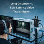 Professional video transmission setup with monitor and headset for long-distance HD video.