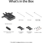 DJI video receiver with cables, battery adapters, and installation toolkit.