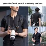 Man using a camera strap with a Sony camera and telephoto lens outdoors.
