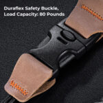 Duraflex safety buckle on camera strap with 80-pound load capacity.