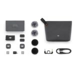 DJI microphone kit with accessories including cables and windshields.