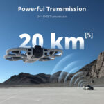 Drone with 20 km transmission range flying over desert landscape.
