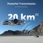 Drone with 20 km transmission range flying over desert landscape.