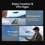 Drone flying with remote control and goggles for immersive FPV experience.