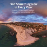 Aerial view of coastal cliffs at sunset, promoting 360-degree camera capabilities.
