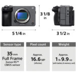 Sony mirrorless camera body with full-frame sensor, shown with dimensions and specifications.