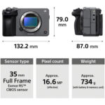 Sony mirrorless camera body with full-frame sensor, dimensions, and weight details.