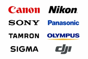 Logos of camera brands: Canon, Nikon, Sony, Panasonic, Tamron, Olympus, Sigma, DJI.