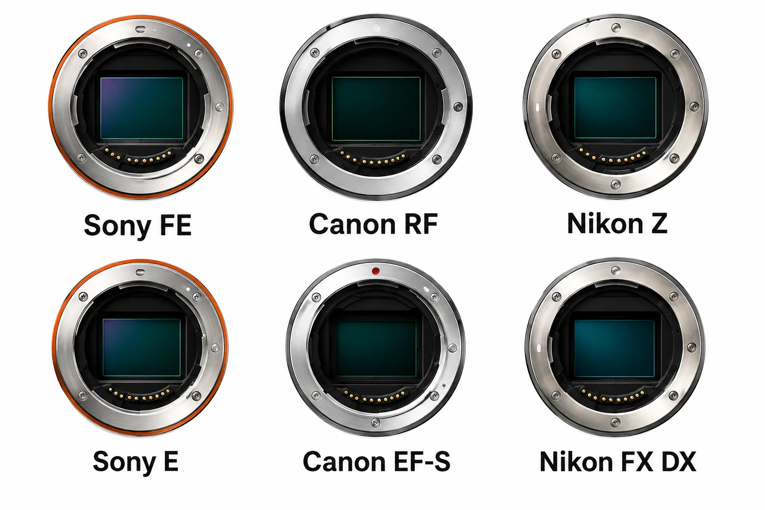 Various camera lens mounts: Sony FE, Canon RF, Nikon Z, Sony E, Canon EF-S, Nikon FX DX.