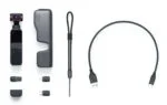 DJI Osmo Pocket 2 handheld gimbal stabilizer with accessories including case, strap, and cables.